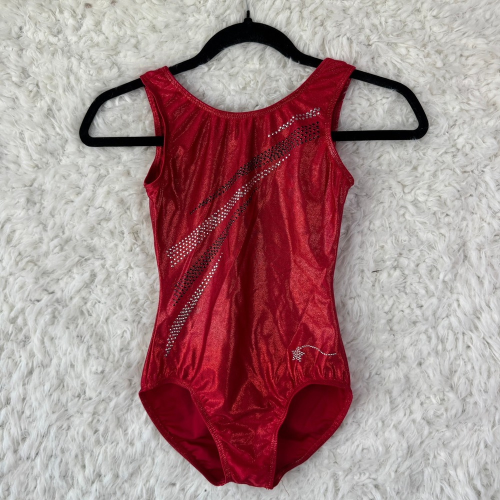 Destira Gymnastics‎ Leotard Size JR Red Sparkle Rhinestone Athletic Dancewear